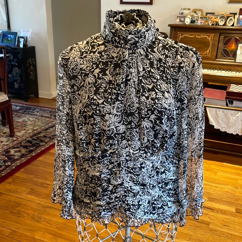 Vintage, Victorian style, black and white floral, chiffon and silk blouse